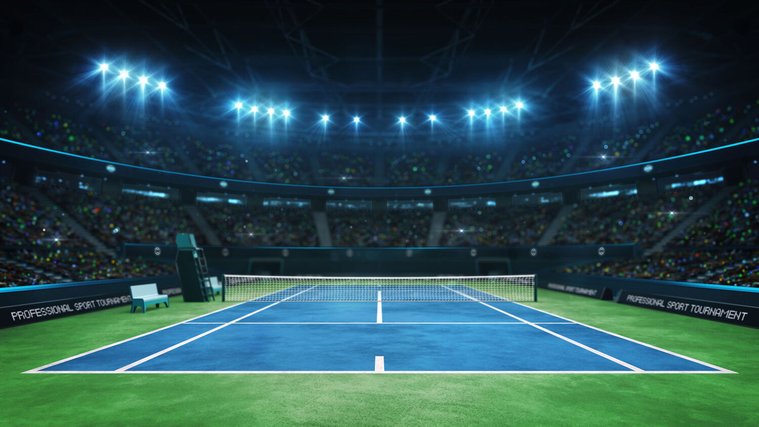 Blue tennis court and illuminated indoor arena with fans, upper front view, professional tennis sport